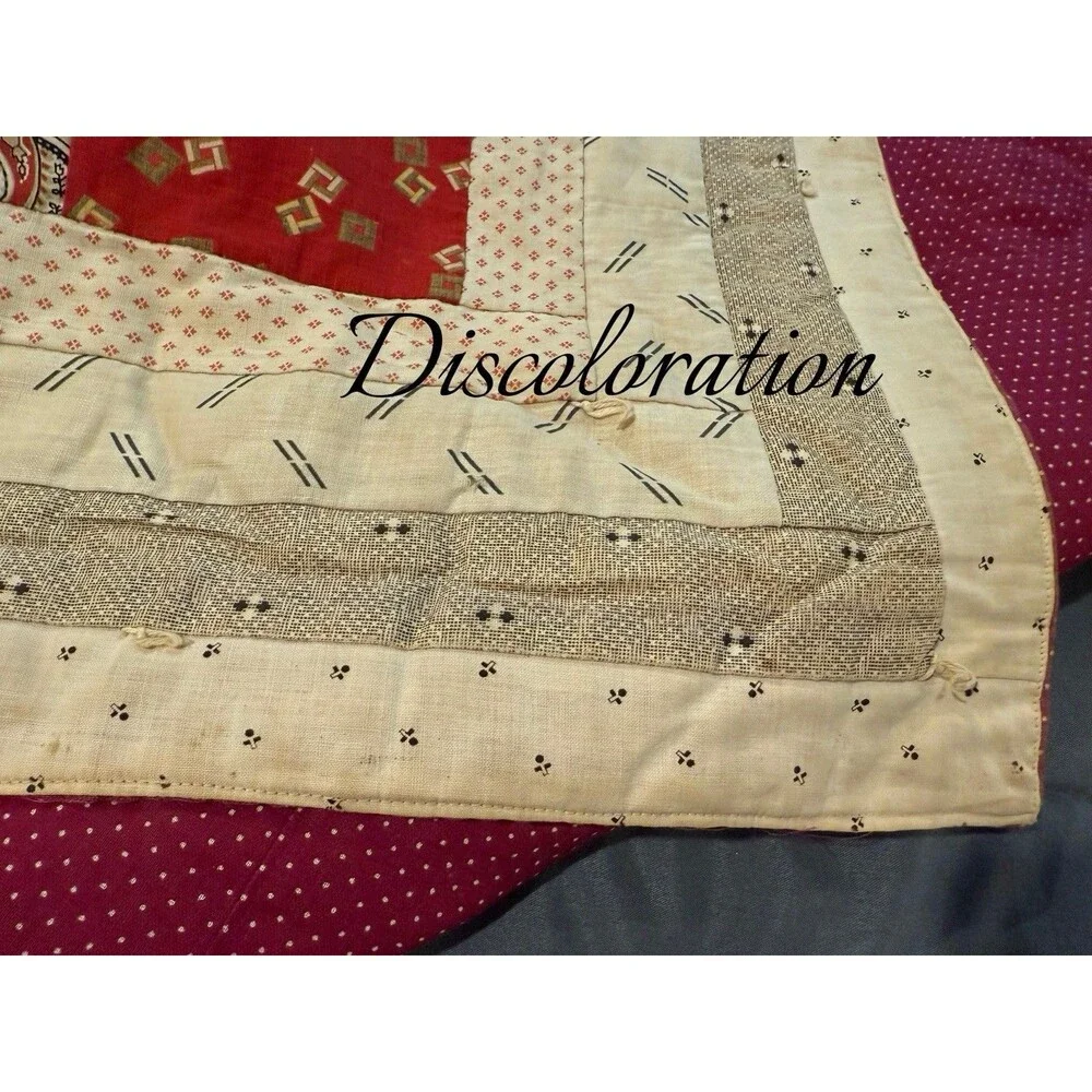 Antique Log Cabin Style Quilt Queen Size 82” X 74” Reversible Red Cream Boxes
